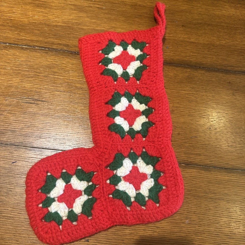 Vintage 15" Hand-Made Granny Square Crochet‎ Christmas Stocking Green Red White